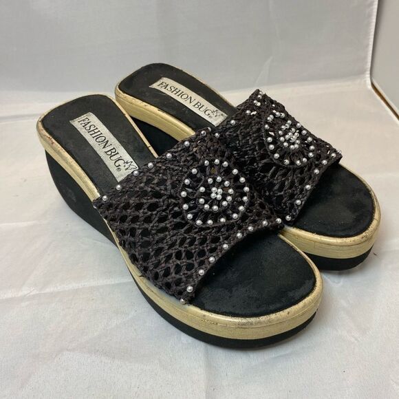 Vintage Fashion Bug platform 90’s Y2k wedge 8 black sandal wicker - Picture 1 of 9